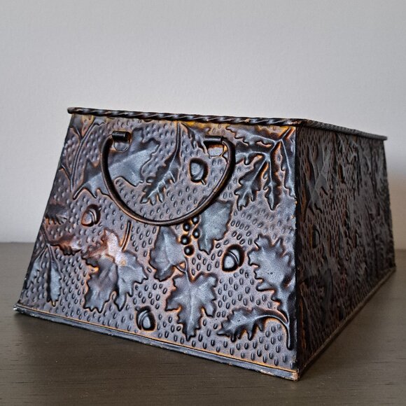 Other - Vintage Distressed Metal Basket Fall Motif Large Ornamental Box with Handles